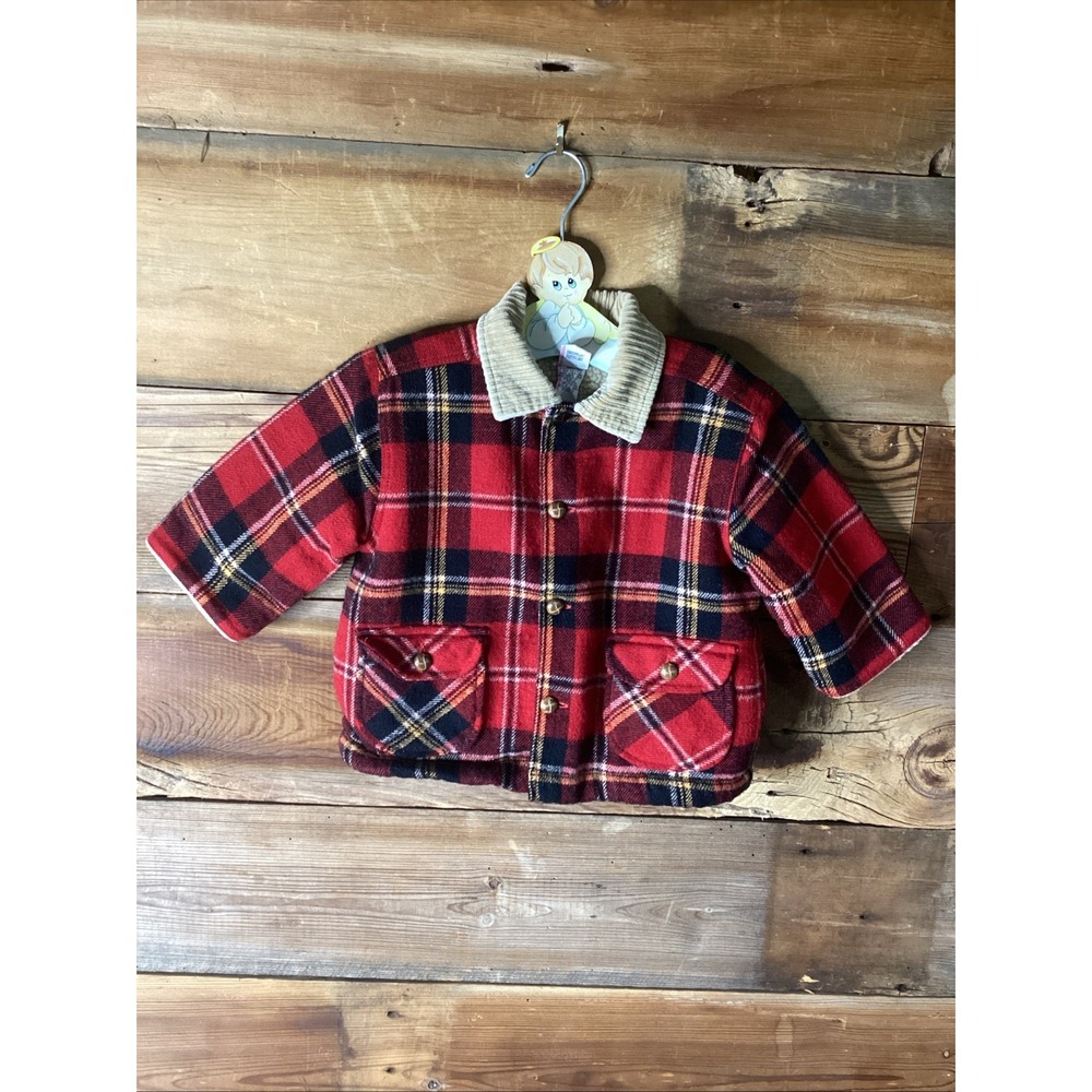 Vintage Plaid Flannel Barn Coat  Buttons Pockets Faux Sherpa-Lined 24 Months